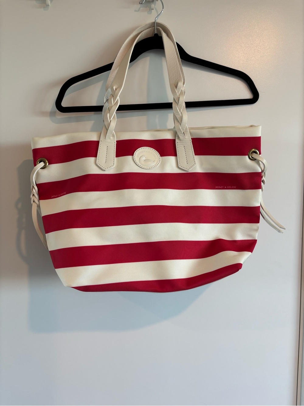 Dooney & Bourke Red and White Striped Tote with Braided Cream Handles